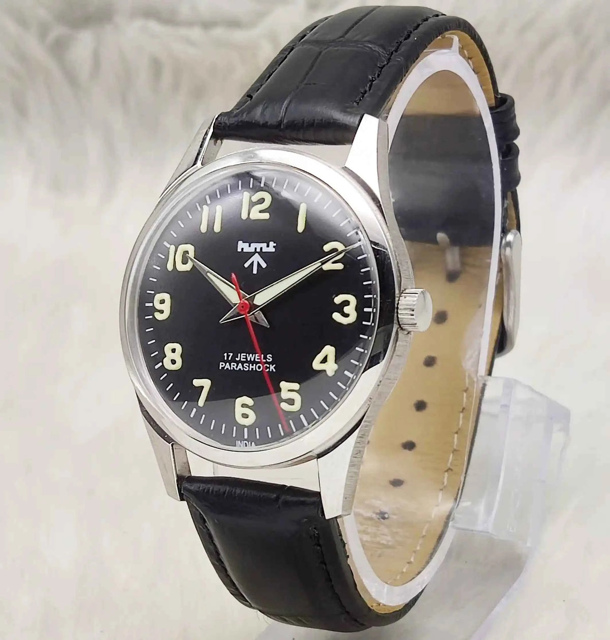 HMT Mechanical Handwinding Watch: Timeless Black Dial with Transparent Back