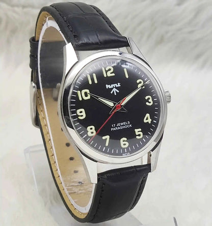 HMT Mechanical Handwinding Watch: Timeless Black Dial with Transparent Back