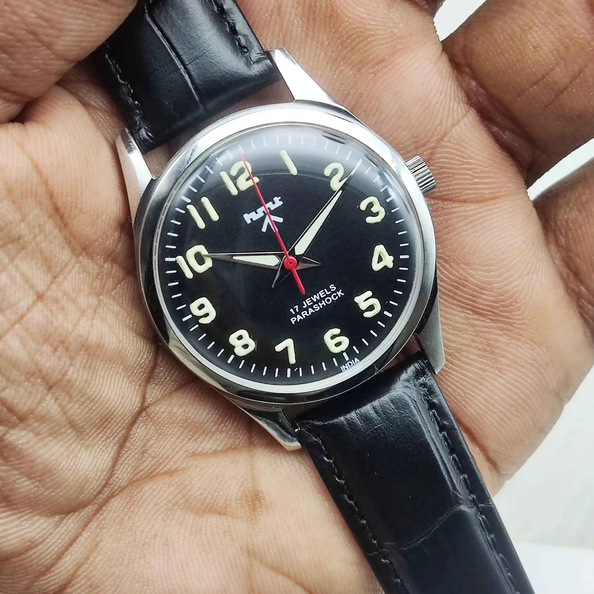HMT Mechanical Handwinding Watch: Timeless Black Dial with Transparent Back
