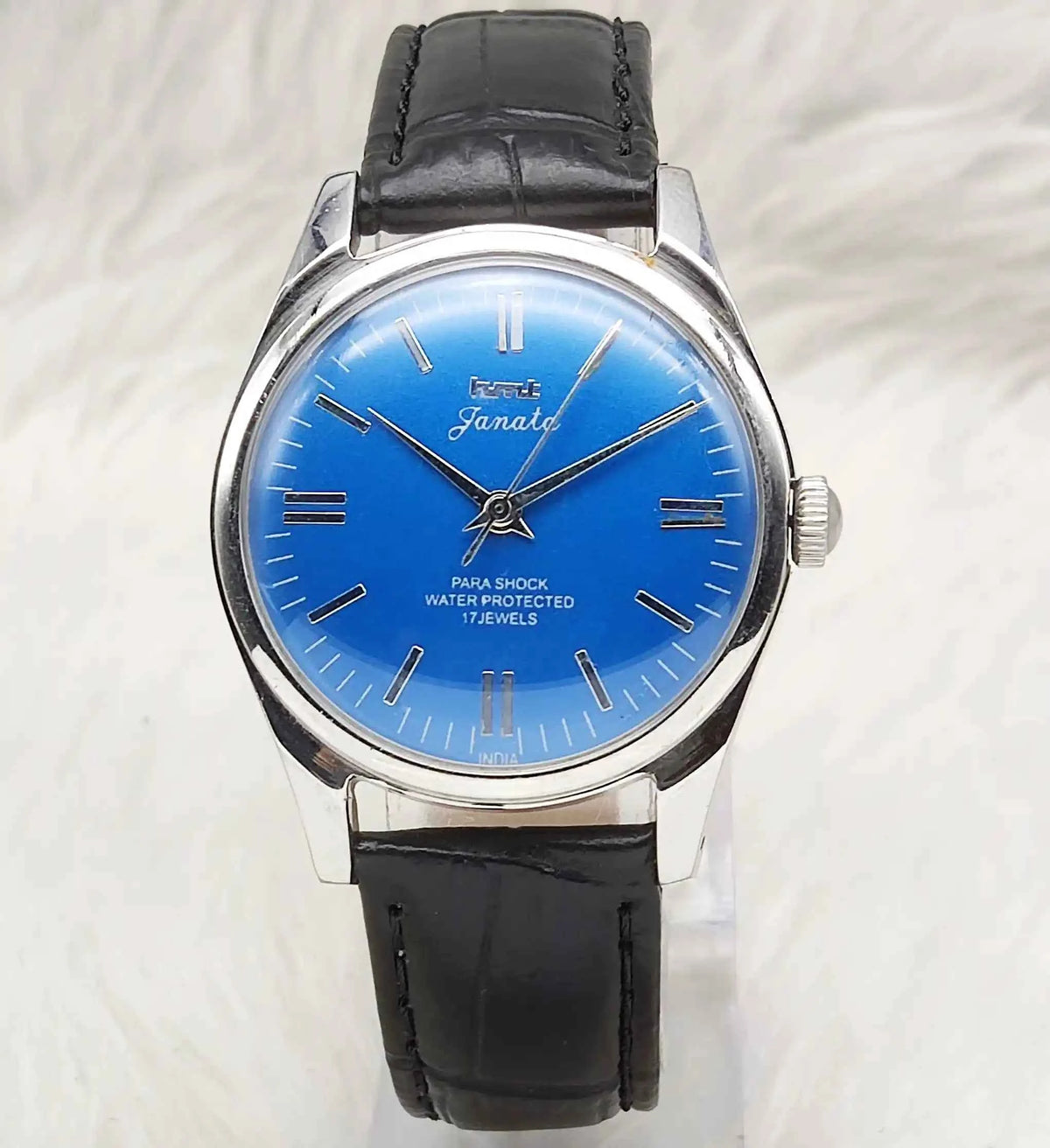 HMT Janata Stick Indices Watch - Men's Handwinding Timepiece with 17 Jewels and Blue Dial