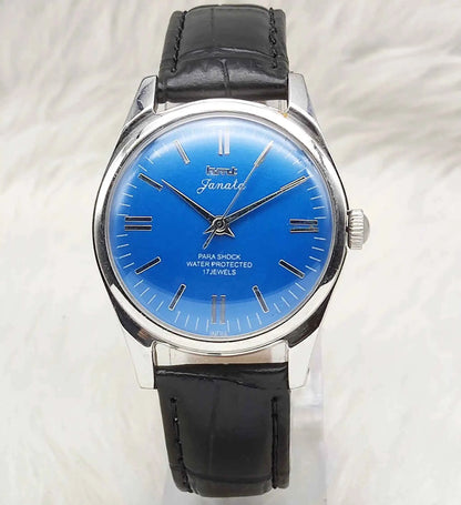 HMT Janata Stick Indices Watch - Men's Handwinding Timepiece with 17 Jewels and Blue Dial