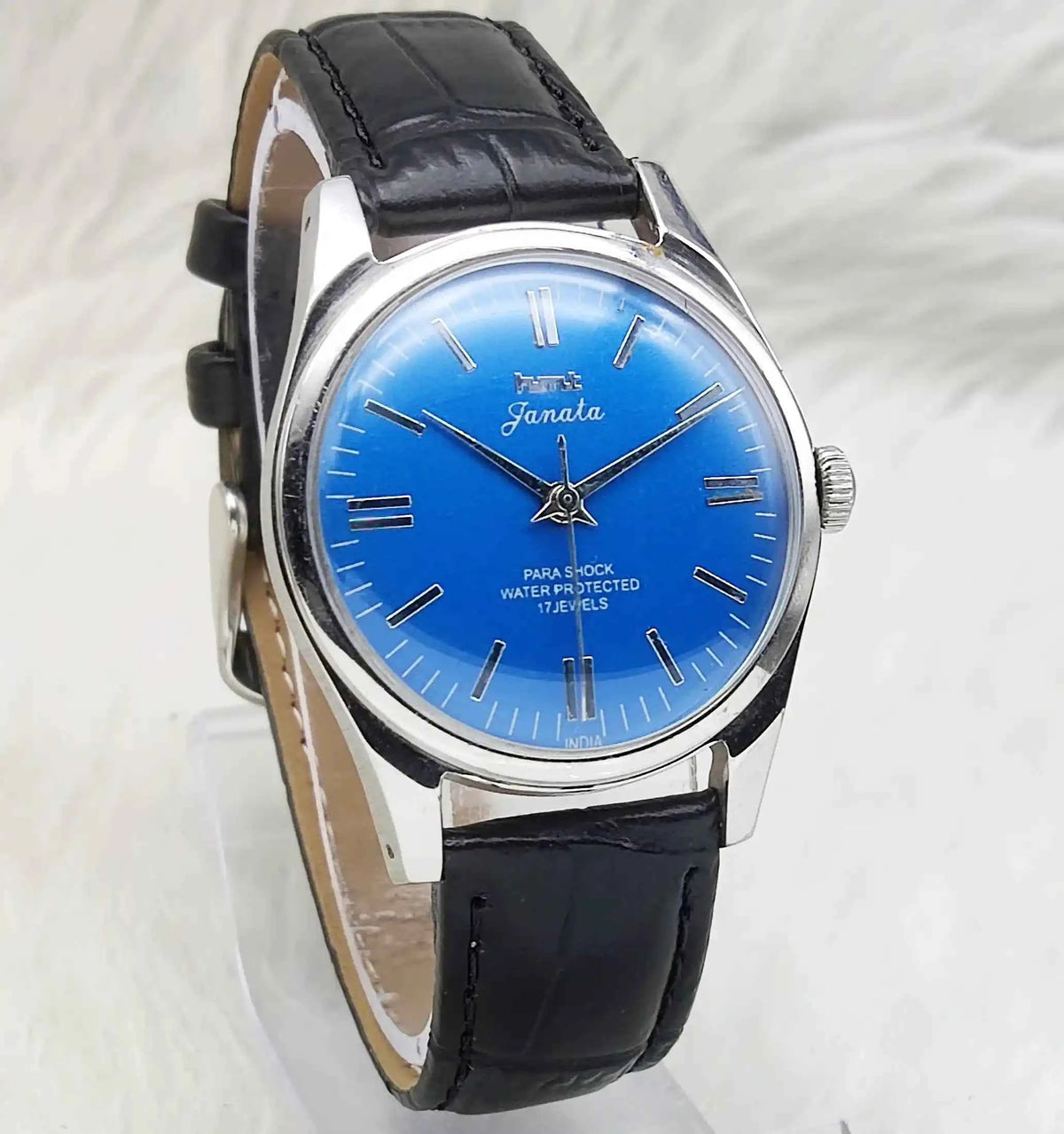 HMT Janata Stick Indices Watch - Men's Handwinding Timepiece with 17 Jewels and Blue Dial