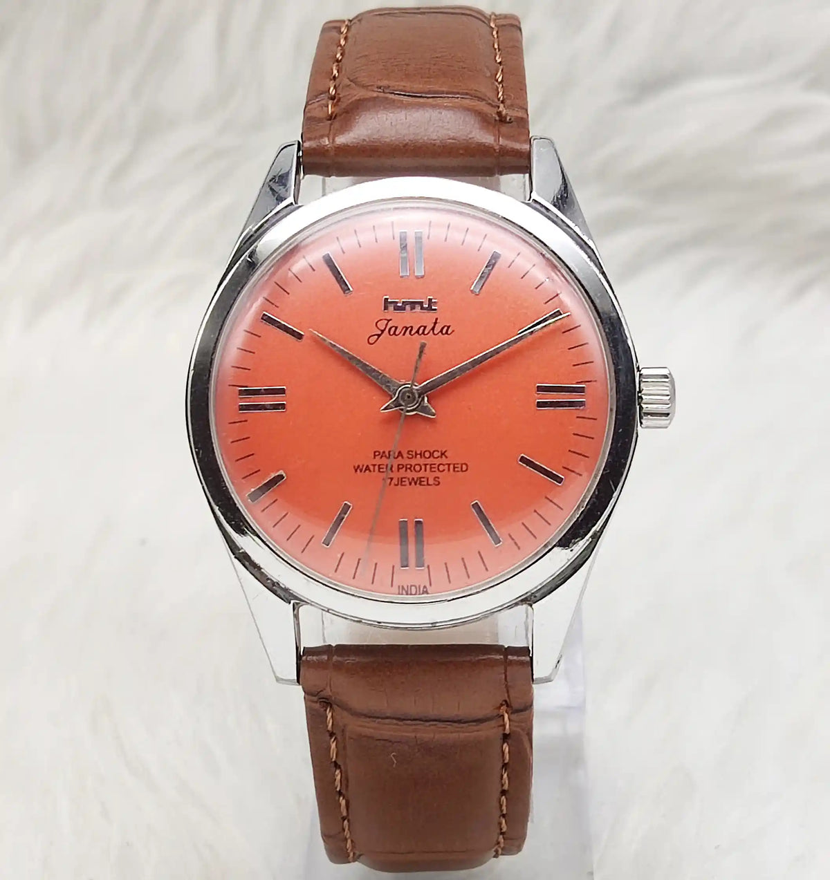 HMT Janata Stick Watch - Timeless Handwinding Luxury with Reddish Dial & 17 Jewels