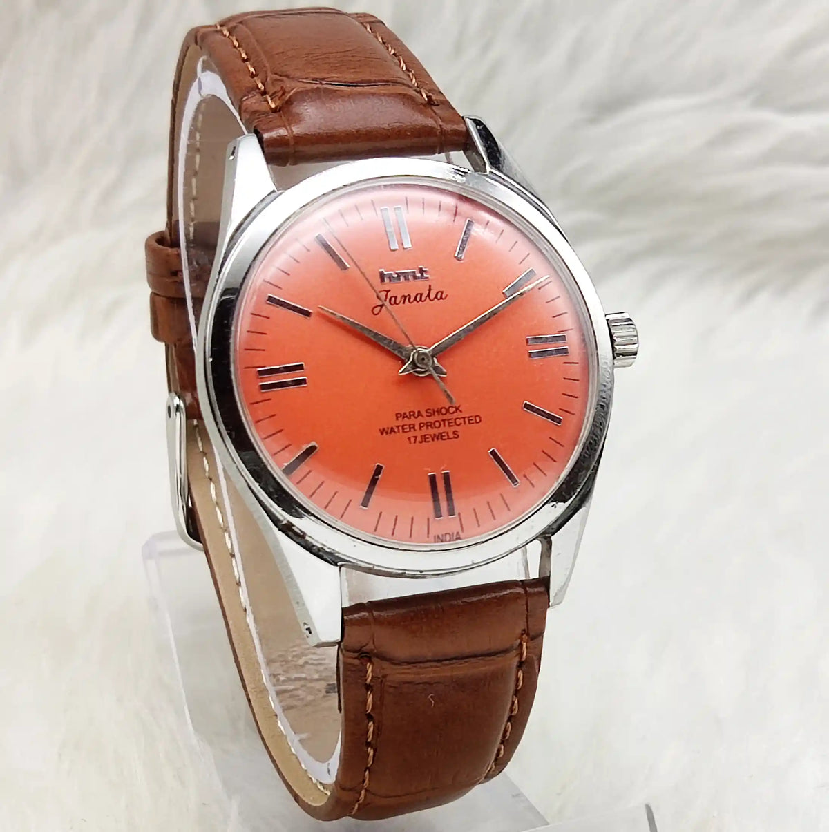 HMT Janata Stick Watch - Timeless Handwinding Luxury with Reddish Dial & 17 Jewels