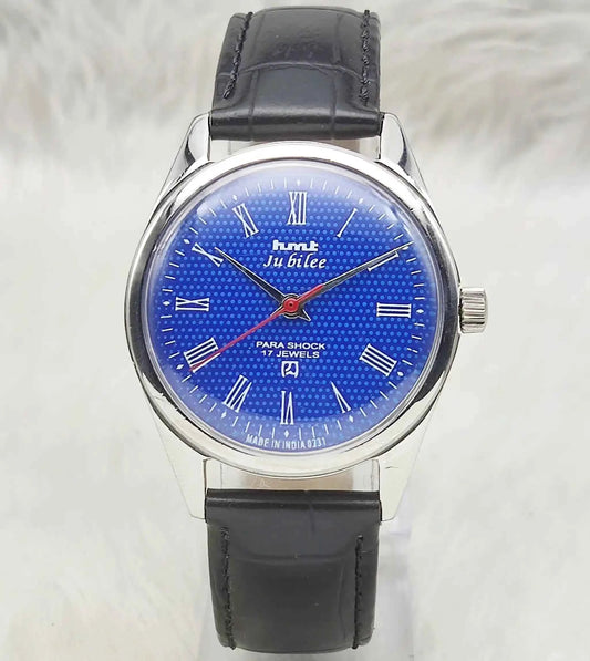 HMT Jubilee Handwinding Watch with 17 Jewels, Blue Dial, and Roman Numerals