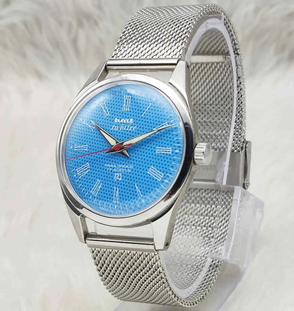 HMT Jubilee Handwinding Watch with Sky Blue Dial and Roman Numerals Indices