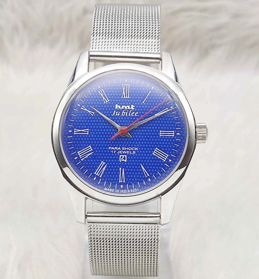 HMT Jubilee Handwinding Watch with Blue Dial and Transparent Back - 17 Jewels