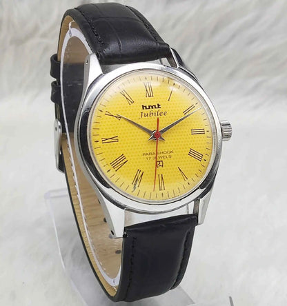 HMT Jubilee Sun Yellow Dial Roman Indices 17 Jewels Handwinding Watch - Timeless Elegance