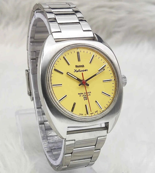 HMT Kohinoor Yellow Dial Watch with 17 Jewels and Stick Indices
