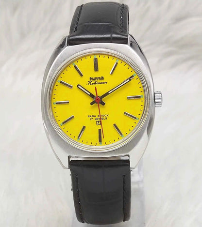 HMT Kohinoor Mechanical Watch 17 Jewels with Yellow Dial and Handwinding Movement