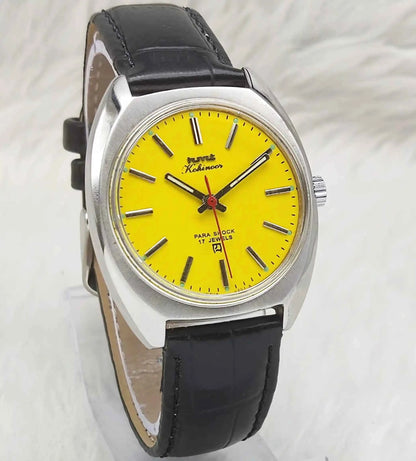 HMT Kohinoor Mechanical Watch 17 Jewels with Yellow Dial and Handwinding Movement