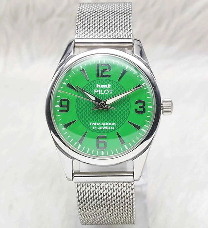HMT Pilot Handwinding Watch - 17 Jewels with Bright Green Dial for Men