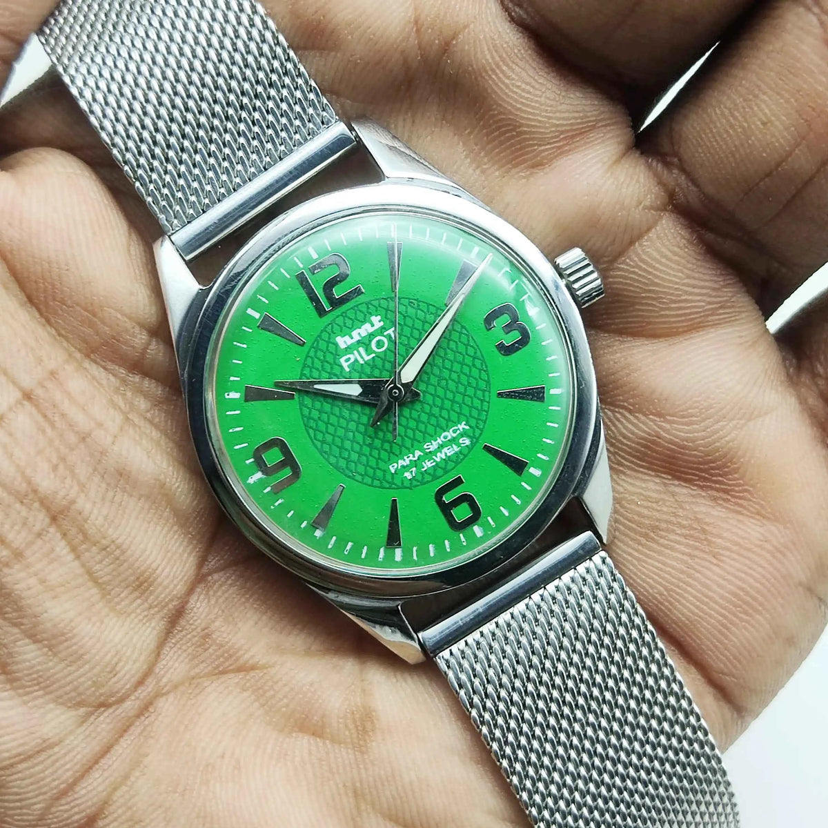 HMT Pilot Handwinding Watch - 17 Jewels with Bright Green Dial for Men