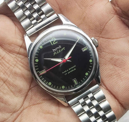 HMT Pilot 17 Jewels Mechanical Handwinding Watch for Men with Black Dial