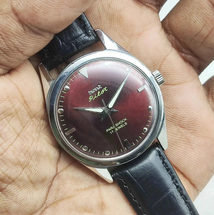 HMT Pilot 17 Jewels Handwinding Men's Watch with Maroon Dial