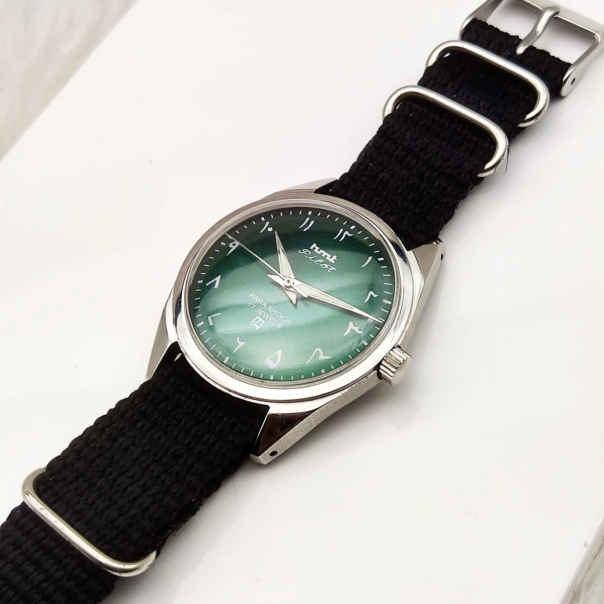 Elevate Your Style with the HMT Pilot Para Shock Watch - Timeless Handwound Green Dial Timepiece
