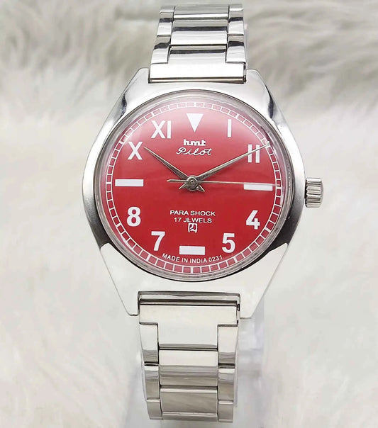 HMT Pilot Red Apple Dial Watch - Timeless Elegance with 17 Jewels Handwinding Mechanism