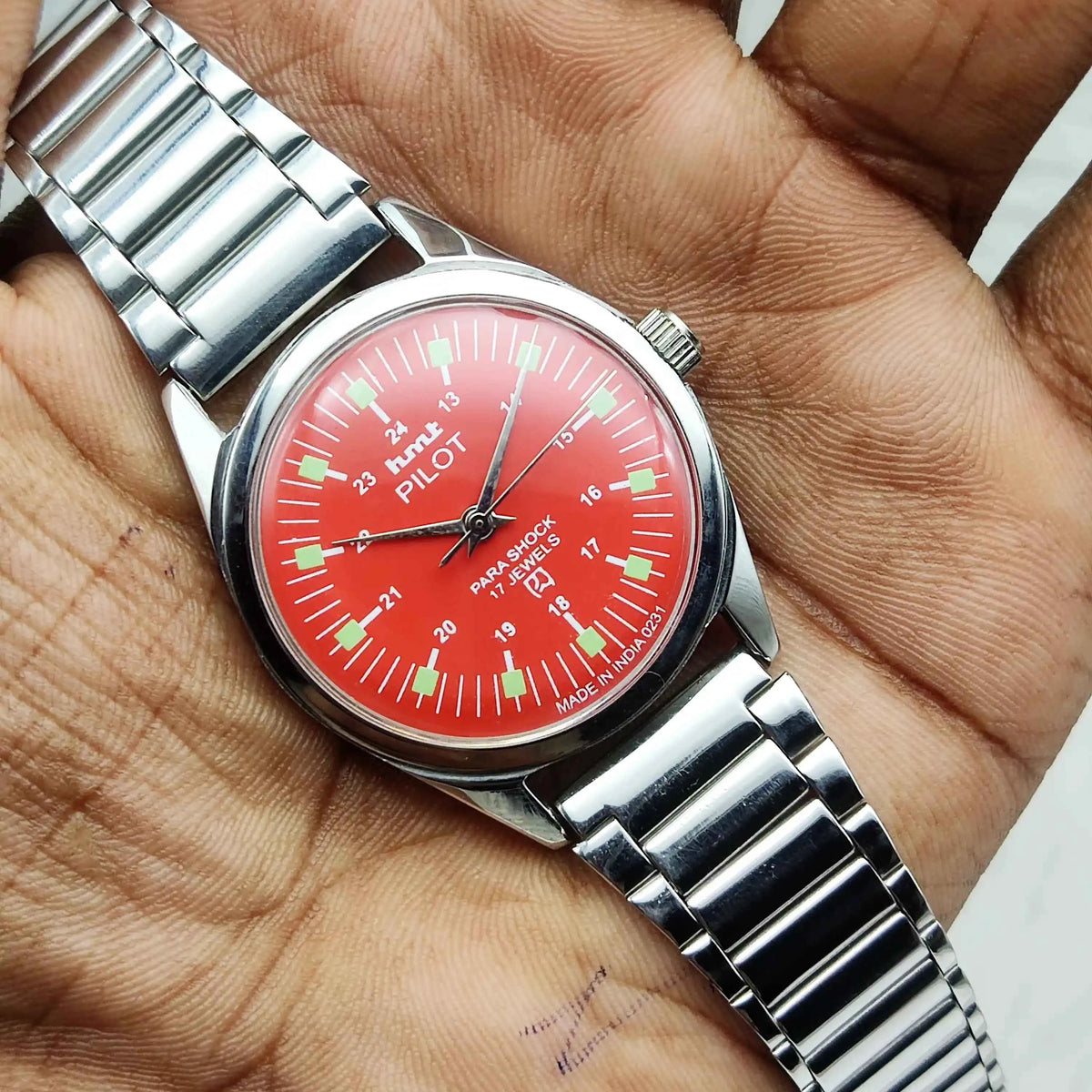 HMT Pilot Red Dial Watch - 17 Jewels Handwinding with Stick Indices