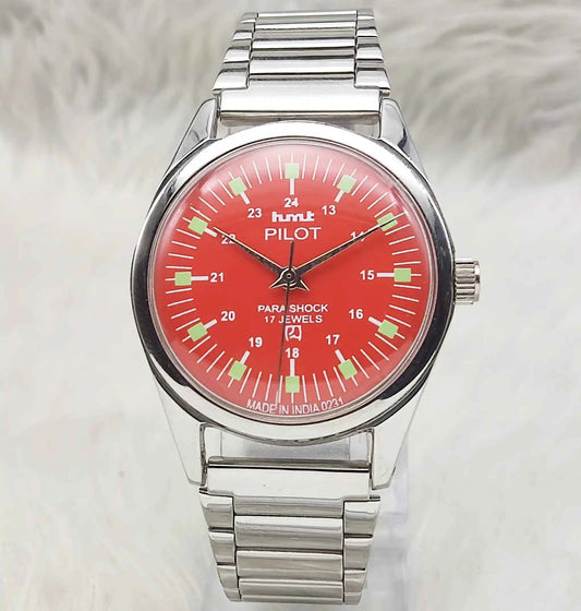 HMT Pilot Red Dial Watch - 17 Jewels Handwinding with Stick Indices
