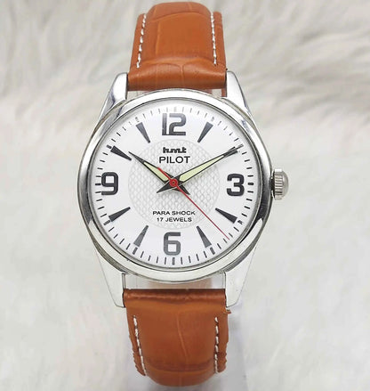 HMT Pilot White Stick Dial Watch - 17 Jewels Handwinding Men's Timepiece with English Numerals