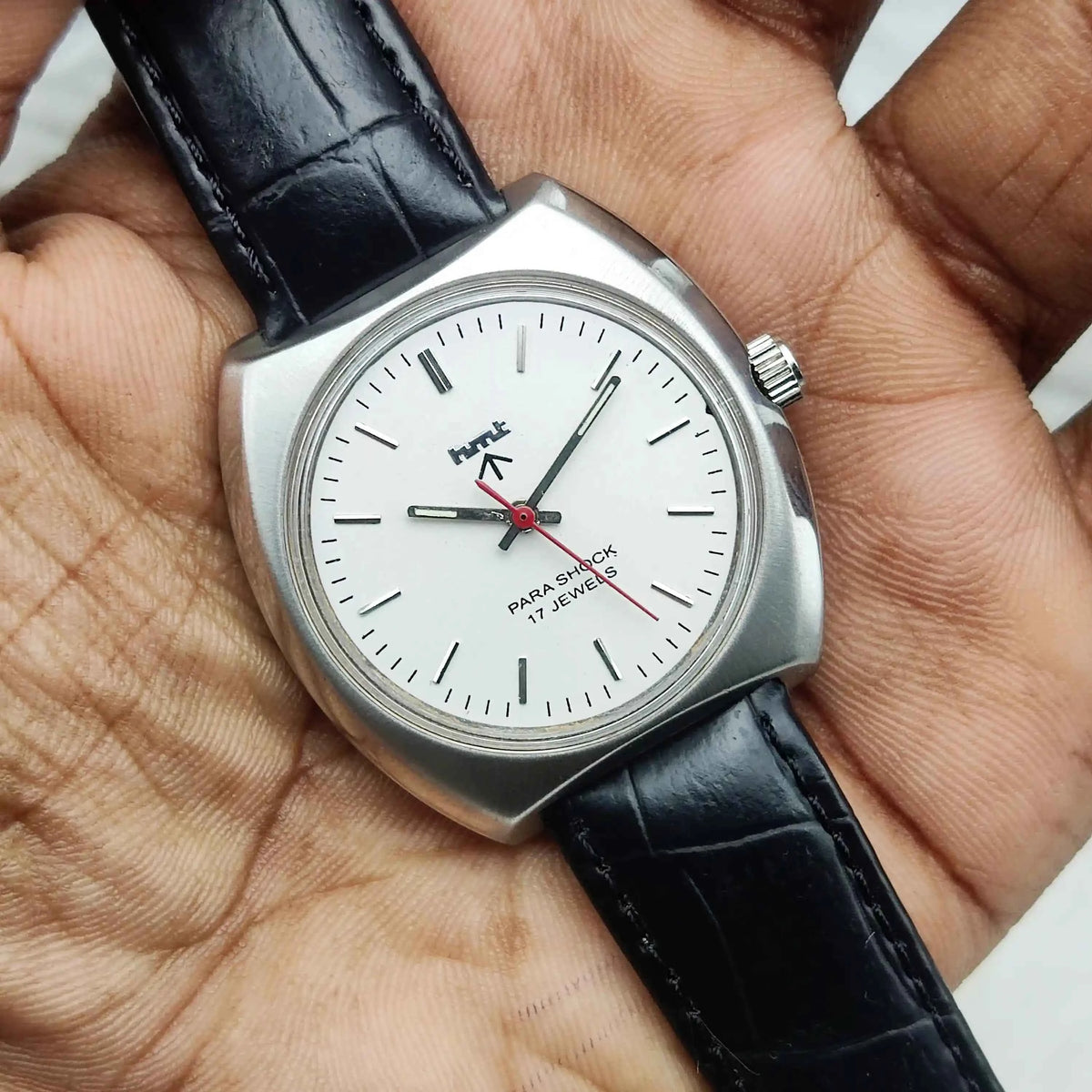 HMT Silver Handwinding Men's Watch with 17 Jewels and Stick Indices