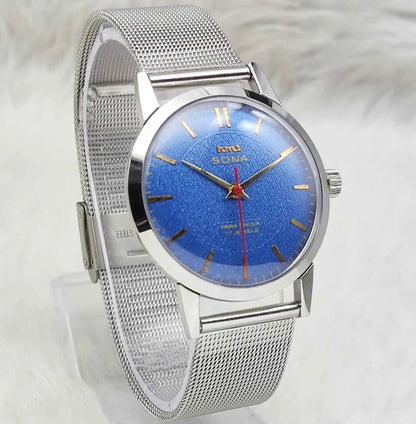 HMT Sona Blue Dial Watch - Premium Quality Handwinding Timepiece with 17 Jewels