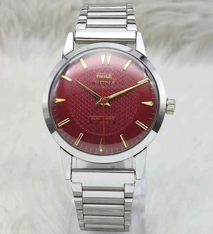 HMT Sona Handwinding Watch - 17 Jewels Maroon Dial for Timeless Elegance