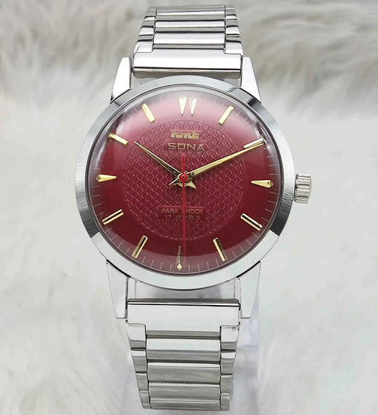 HMT Sona Handwinding Watch - 17 Jewels Maroon Dial for Timeless Elegance