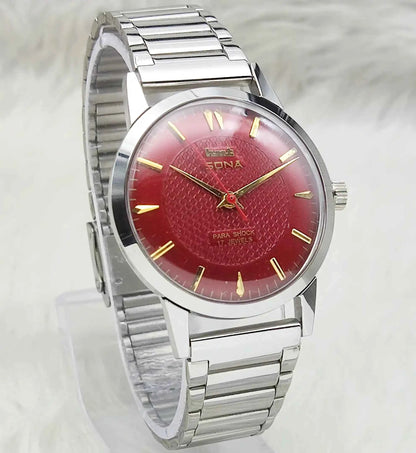 HMT Sona Handwinding Watch - 17 Jewels Maroon Dial for Timeless Elegance