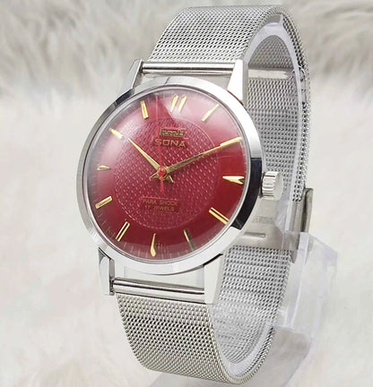 HMT Sona Handwinding Watch with 17 Jewels and Maroon Dial