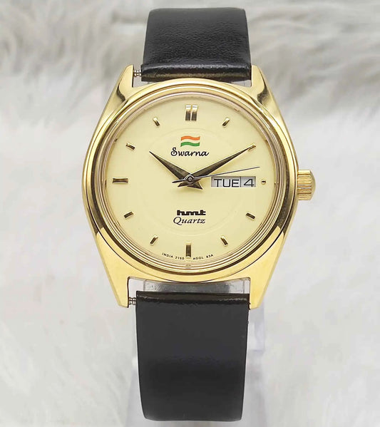 HMT Swarna Quartz Watch with Goldenish Dial - Day Date Feature