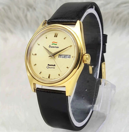 HMT Swarna Quartz Watch with Goldenish Dial - Day Date Feature