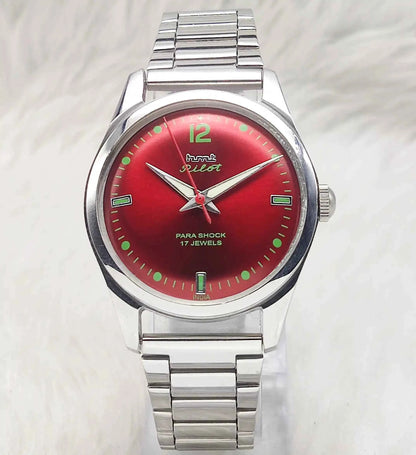 HMT Pilot Red Apple Dial Watch - 17 Jewels Handwinding Men's Timepiece with Transparent Back