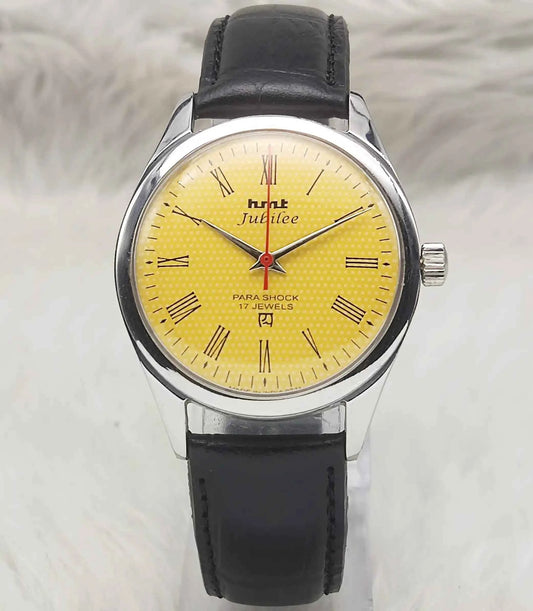 HMT Jubilee Sun Yellow Dial Watch with Roman Numerals and 17 Jewels