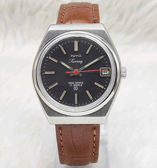 HMT Tareeq Para Shock Watch 17 Jewels Black Dial Stick Indices Date Feature