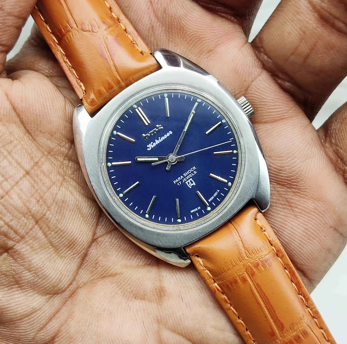HMT Kohinoor Handwinding Watch - 17 Jewels Blue Dial with Stick Indices