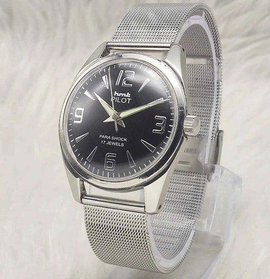 HMT Pilot Men's Watch - 17 Jewels Black Dial Handwinding with Numerals Indices