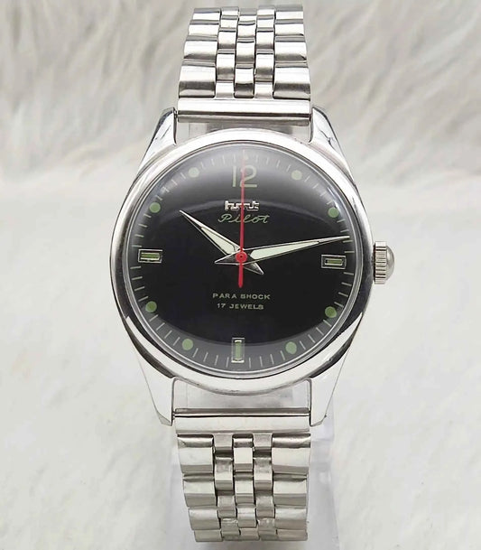 HMT Pilot 17 Jewels Mechanical Handwinding Watch for Men with Black Dial