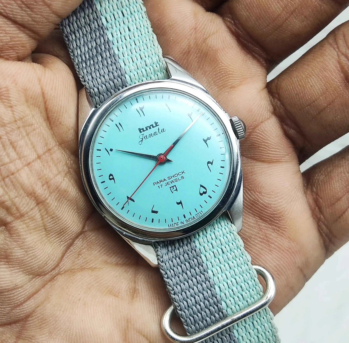 HMT Janata Men's Watch - Turquoise Dial Arabic Font Mechanical Handwinding 17 Jewels Para Shock