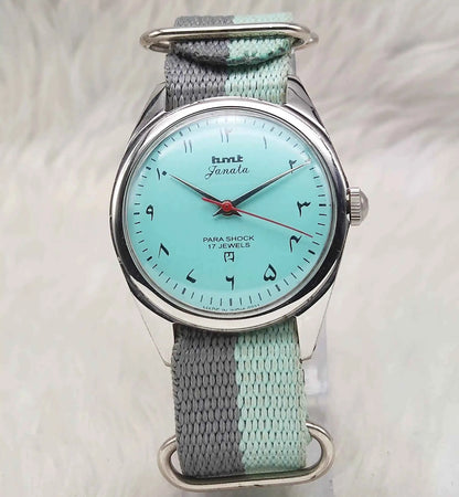 HMT Janata Men's Watch - Turquoise Dial Arabic Font Mechanical Handwinding 17 Jewels Para Shock