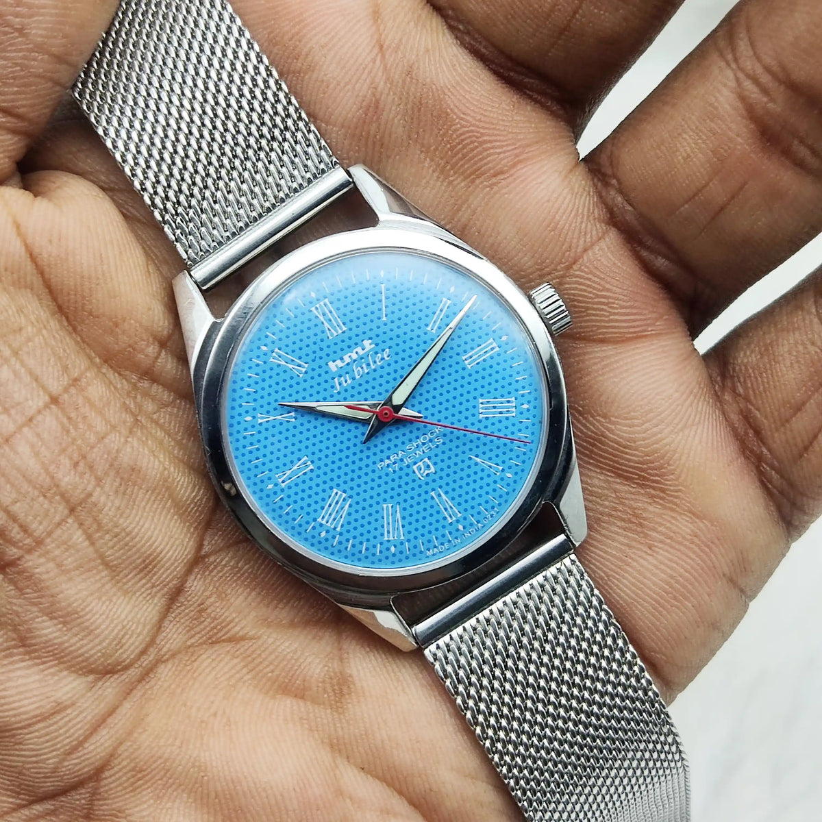 HMT Jubilee Handwinding Watch Sky Blue Dial & Roman Numeral Indices
