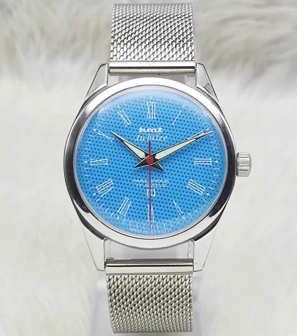 HMT Jubilee Handwinding Watch with Sky Blue Dial and Roman Numerals Indices