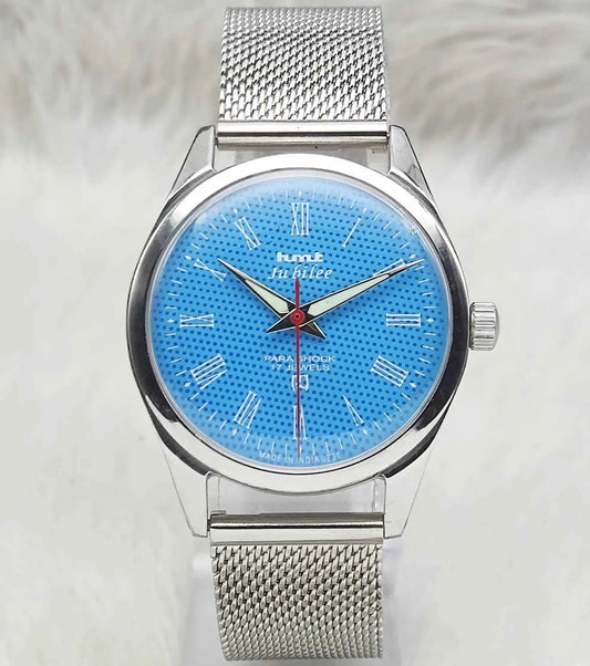 HMT Jubilee Handwinding Watch with Sky Blue Dial and Roman Numerals Indices