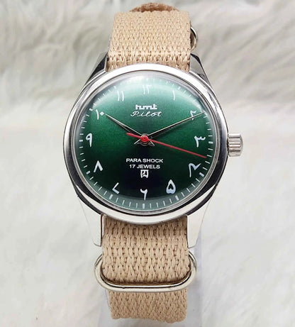 HMT Pilot Mechanical Handwinding Watch with Green Arabic Numerals and 17 Jewels Dial