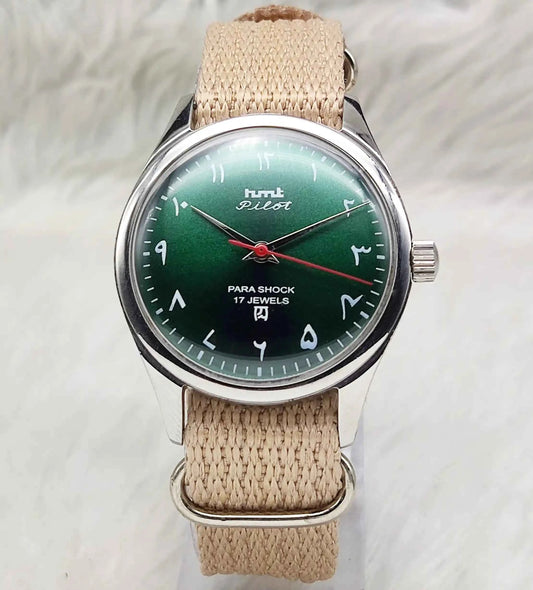 HMT Pilot Mechanical Handwinding Watch with Green Arabic Numerals and 17 Jewels Dial