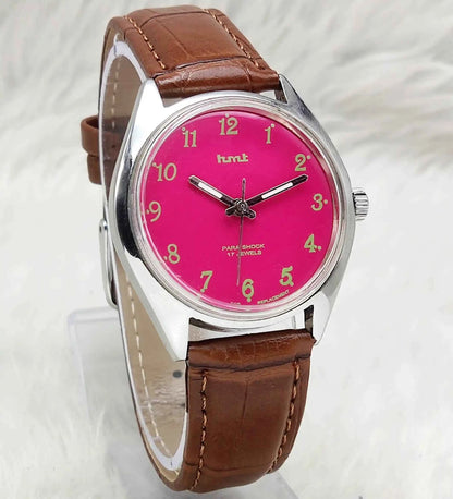 HMT Handwinding Men's Watch with Pink Dial and English Numerals - 17 Jewels