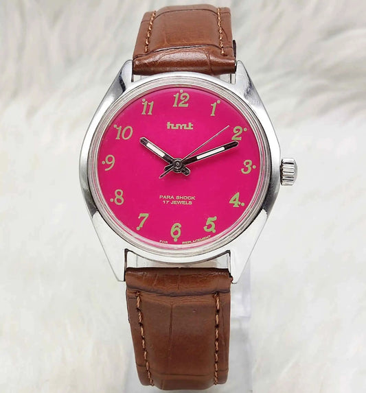 HMT Handwinding Men's Watch with Pink Dial and English Numerals - 17 Jewels