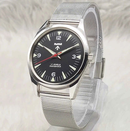 HMT Handwinding Watch - Black Dial, 17 Jewels, Transparent Back Timeless Elegance