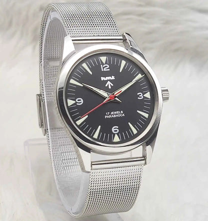 HMT Handwinding Watch - Black Dial, 17 Jewels, Transparent Back Timeless Elegance