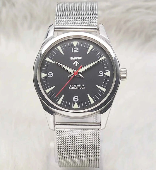 HMT Handwinding Watch - Black Dial, 17 Jewels, Transparent Back Timeless Elegance